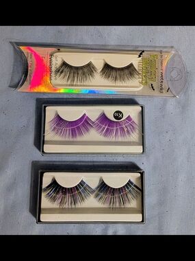 3 Pair of Extra Long False Eyelashes Strip Lashes, Black and Purple, New in Box